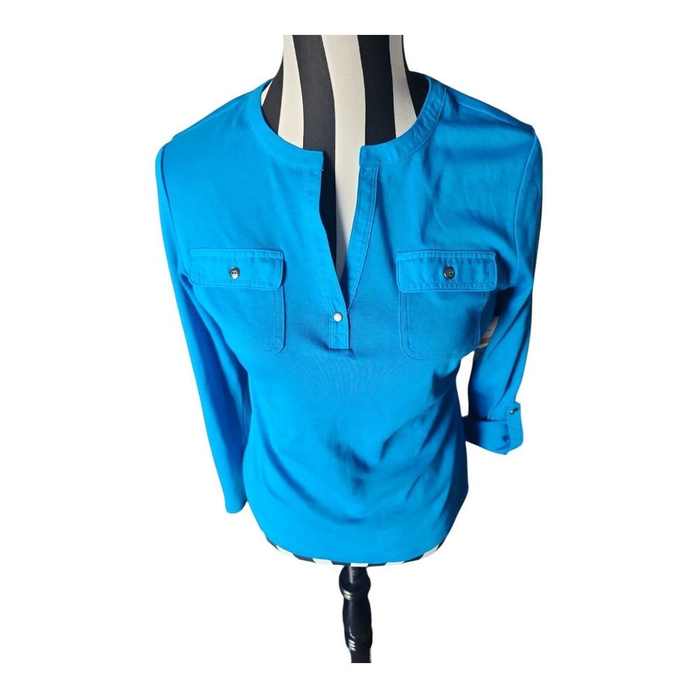 New Kim Rogers‎ Blue Solid Top Long & Short Sleeve Buttons Classic Small